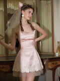 Blush Satin Bow Lace Mini Dress