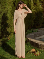 Pearl Button Cape Pleated Slim Dress