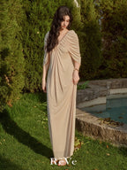 Pearl Button Cape Pleated Slim Dress