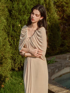 Pearl Button Cape Pleated Slim Dress