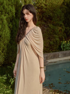 Pearl Button Cape Pleated Slim Dress