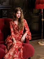 Scarlet Bloom Ruffle Chiffon Dress