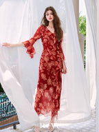 Scarlet Bloom Ruffle Chiffon Dress