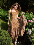 Autumn Vintage Floral Brown Maxi Dress