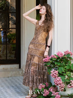 Autumn Vintage Floral Brown Maxi Dress