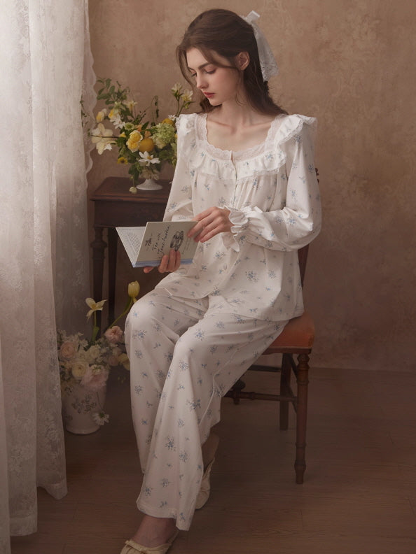 Blue Blossom Ruffle Cottagecore Pajama Set