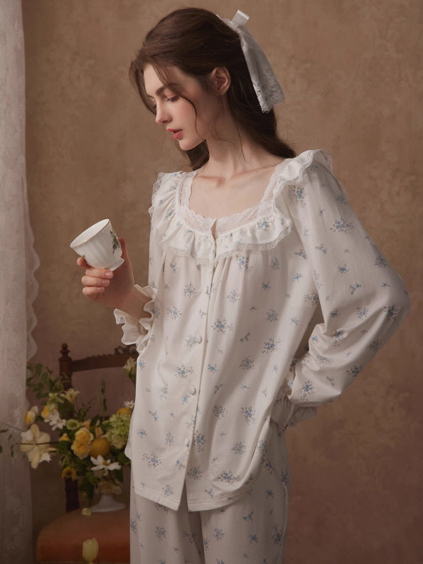 Blue Blossom Ruffle Cottagecore Pajama Set