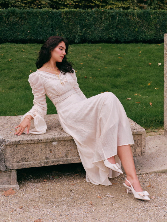 Romantic Ivory Long Sleeve Vintage Dress