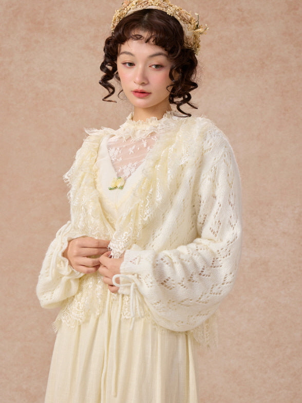 Romantic Ivory Lace Trim Cardigan