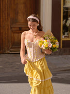Pink Floral Lace Corset & Yellow Tiered Skirt