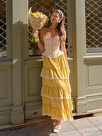 Pink Floral Lace Corset & Yellow Tiered Skirt