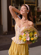 Pink Floral Lace Corset & Yellow Tiered Skirt