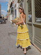 Pink Floral Lace Corset & Yellow Tiered Skirt