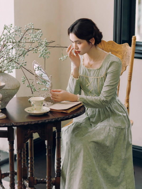 Sage Green Lace-Up Vintage Cottagecore Dress