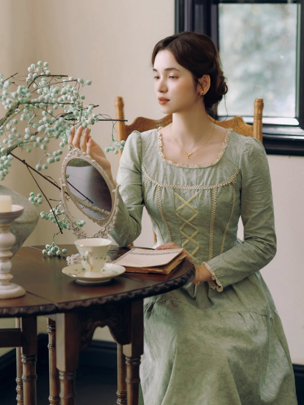 Sage Green Lace-Up Vintage Cottagecore Dress