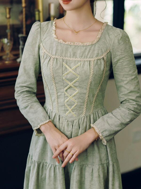 Sage Green Lace-Up Vintage Cottagecore Dress