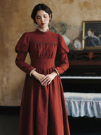 Brick Red Victorian Puff Sleeve Vintage Dress