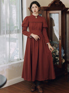 Brick Red Victorian Puff Sleeve Vintage Dress