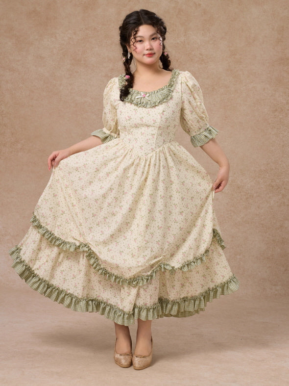 Plus Size Green Gingham Cottagecore Floral Dress