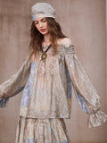Vintage Patchwork Off-Shoulder Blouse & Skirt