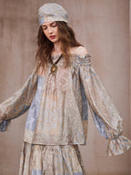 Vintage Patchwork Off-Shoulder Blouse & Skirt