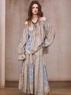 Vintage Patchwork Off-Shoulder Blouse & Skirt