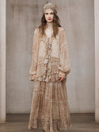 Romantic Beige Lace Blouse & Skirt