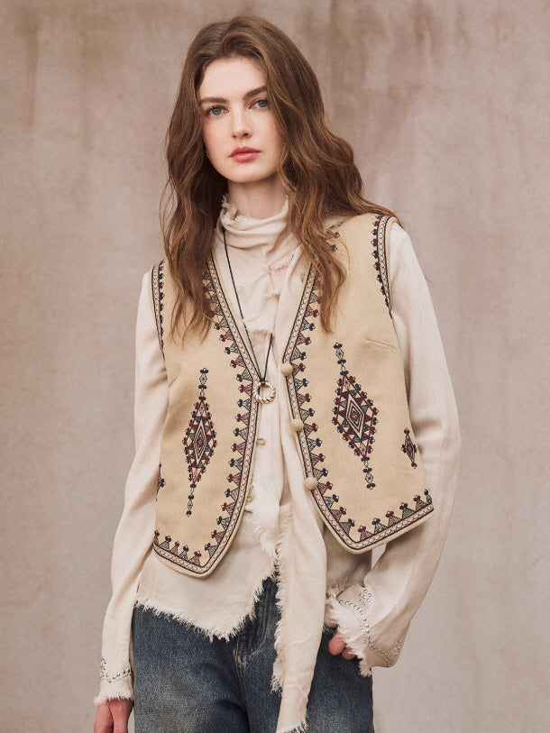 Vintage Embroidered Linen Blend Vest