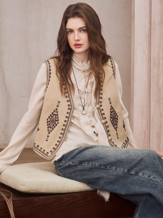 Vintage Embroidered Linen Blend Vest