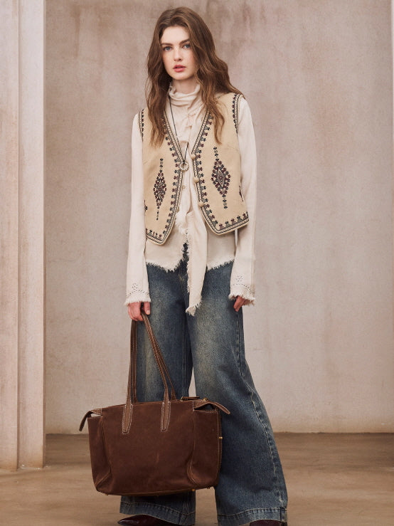 Vintage Embroidered Linen Blend Vest
