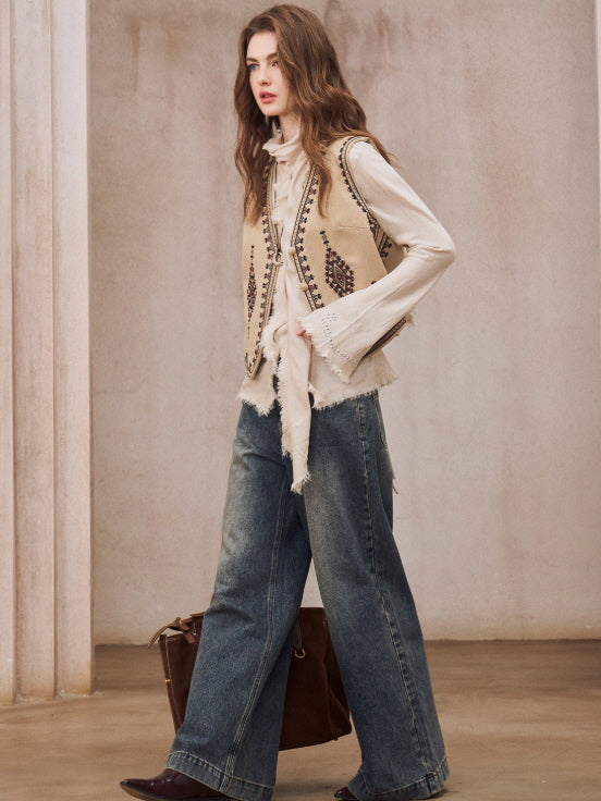 Vintage Embroidered Linen Blend Vest