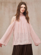Blush Cold-Shoulder Chiffon Blouse