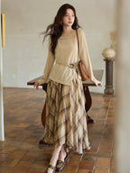 Apricot Ruffle Collar Knit Top with Bohemian Belt