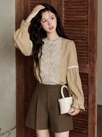 Vintage Beige Lace Panel Blouse