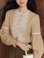Vintage Beige Lace Panel Blouse