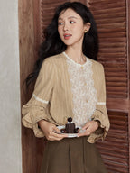 Vintage Beige Lace Panel Blouse