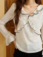 Romantic Lace Ruffle Blouse with Contrast Trim