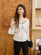 Romantic Lace Ruffle Blouse with Contrast Trim
