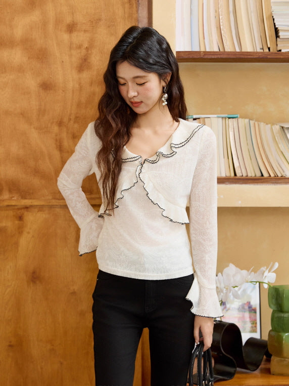 Romantic Lace Ruffle Blouse with Contrast Trim