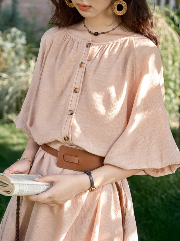 Blush Button-Front Belted Cottagecore Dress
