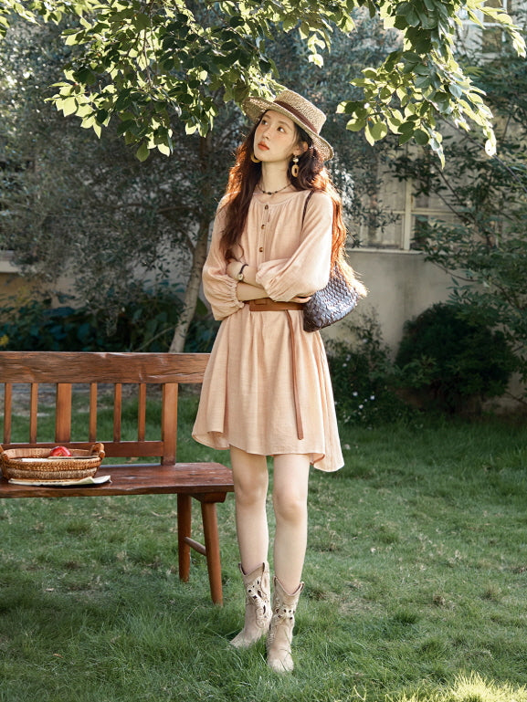 Blush Button-Front Belted Cottagecore Dress