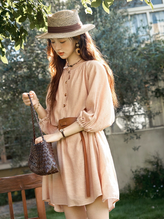 Blush Button-Front Belted Cottagecore Dress