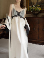 Black Lace Trim Ivory Sheer Robe & Nightgown Set