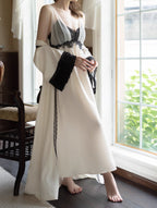 Black Lace Trim Ivory Sheer Robe & Nightgown Set