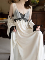 Black Lace Trim Ivory Sheer Robe & Nightgown Set