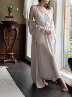 Black Lace Trim Ivory Sheer Robe & Nightgown Set