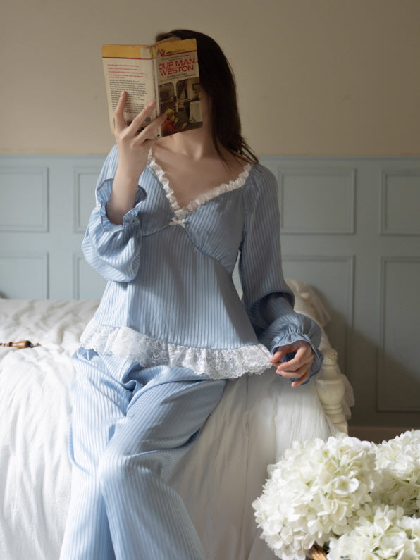 Blue Ruffle Lace Cottagecore Loungewear Set