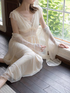 Dreamy Lace Drape Ivory Nightgown Set