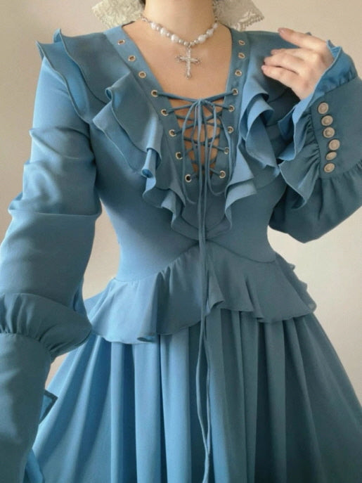 Blue Victorian Ruffle Lace-Up Dress