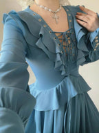 Blue Victorian Ruffle Lace-Up Dress